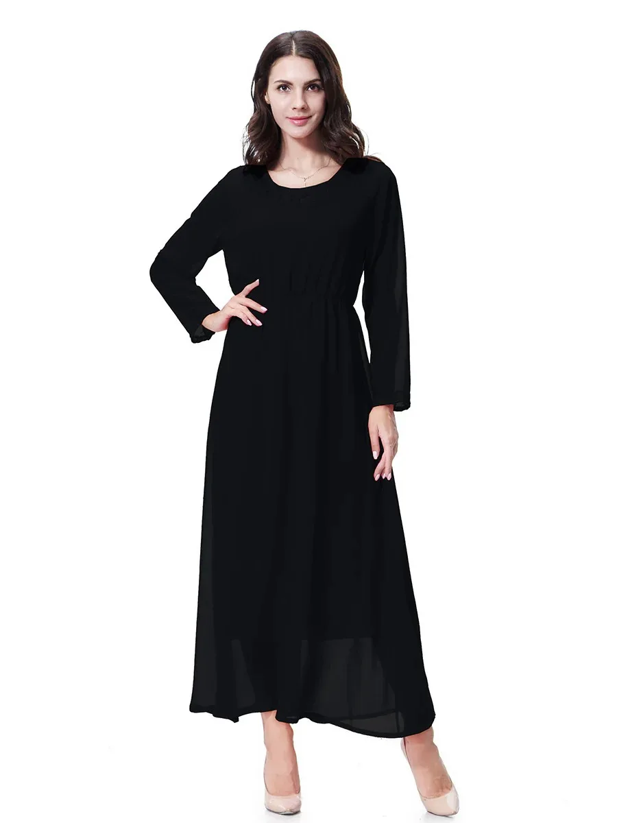 Robes modestes en mousseline de soie à col rond pour femmes – Robe longue fluide élégante à manches longues pour les musulmans, les voyages, la soirée et les occasions spéciales