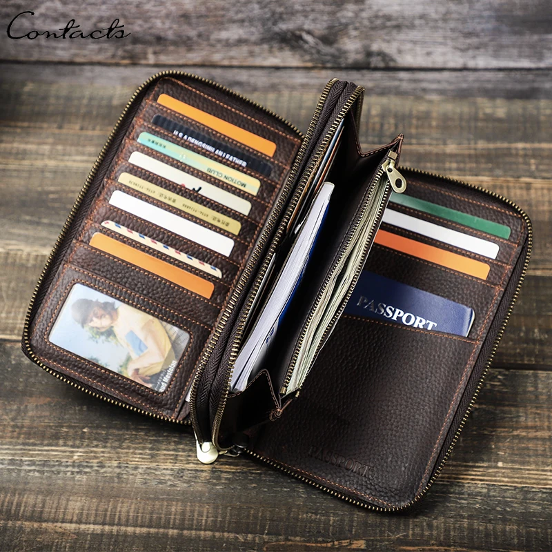 CONTACT'S Clutch Wallets For Men Genuine Leather Male Handbags Coin Purses Passport Cover Card Holders Money Clips Men's Wallet