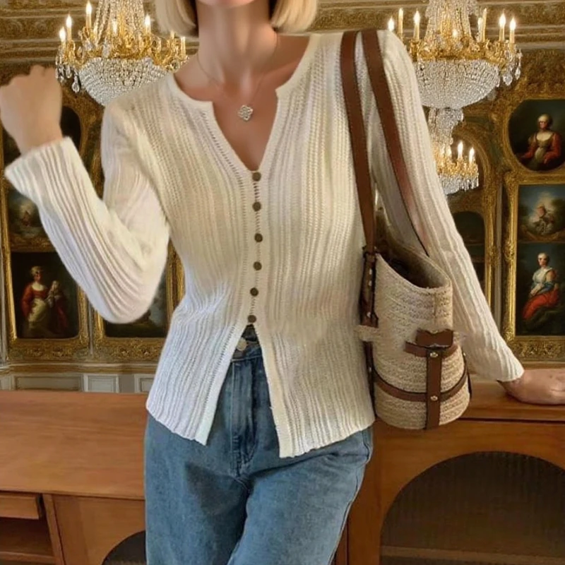 

Autumn women's knitted sweet V-neck slim fit pullover elegant long sleeved top soft women's office casual chic sweater6792