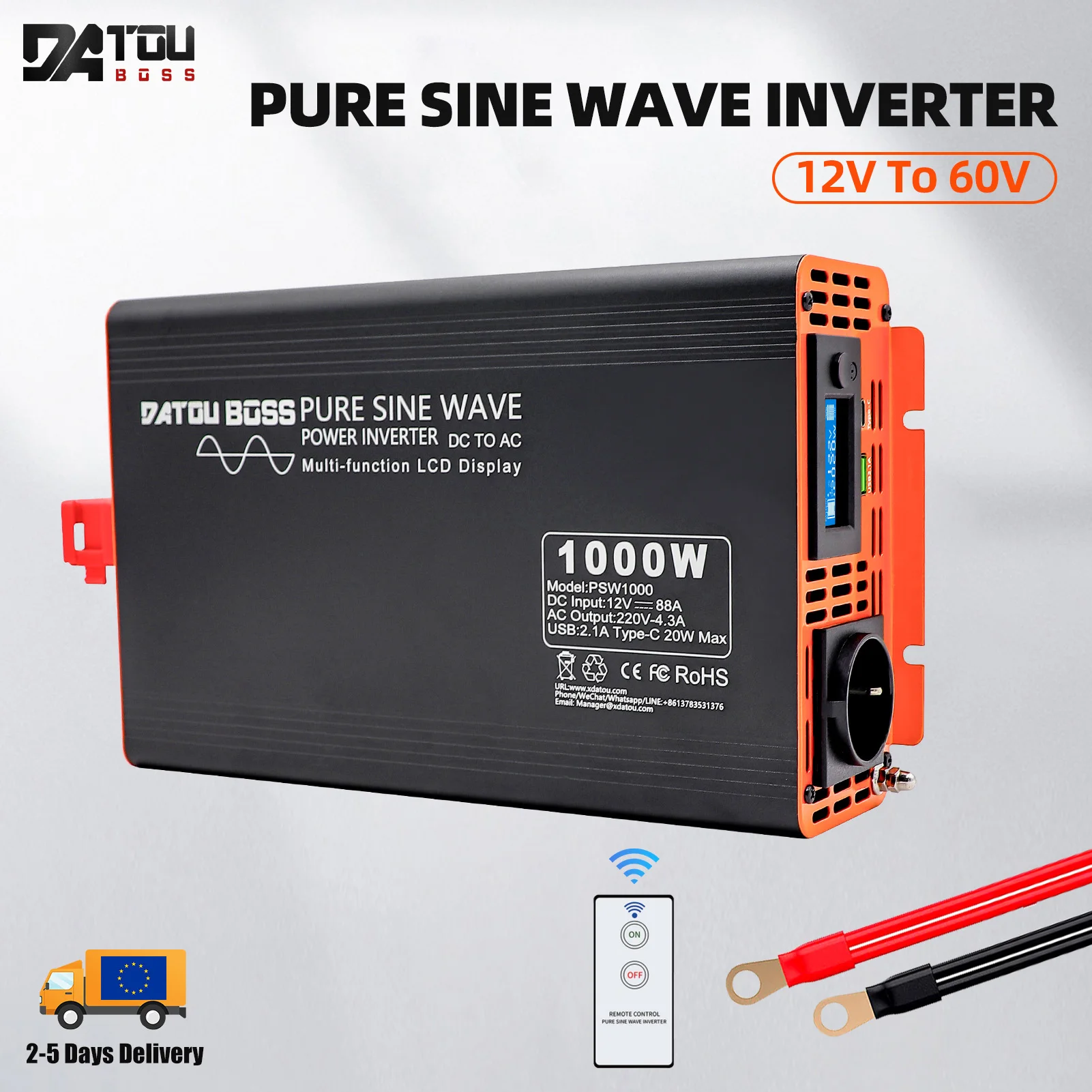 DATOUBOSS PSW-1000W Pure Sine Wave Inverter 2000W DC 12V To AC 220V Power Inverter Continuous Power 2000W Solar Inverter