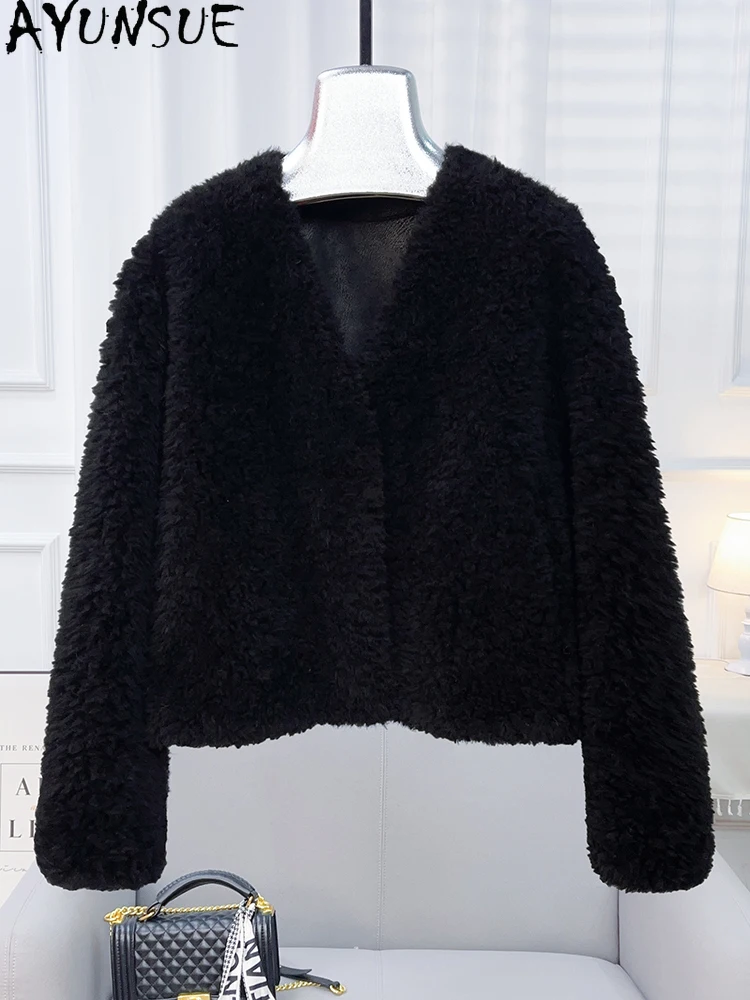 AYUNSUE 2025 가을 겨울 100% 천연 양모 여성 자켓 v 넥 양고기 모피 자켓 여성 의류 New Outerwears Ropa Para Mujer
