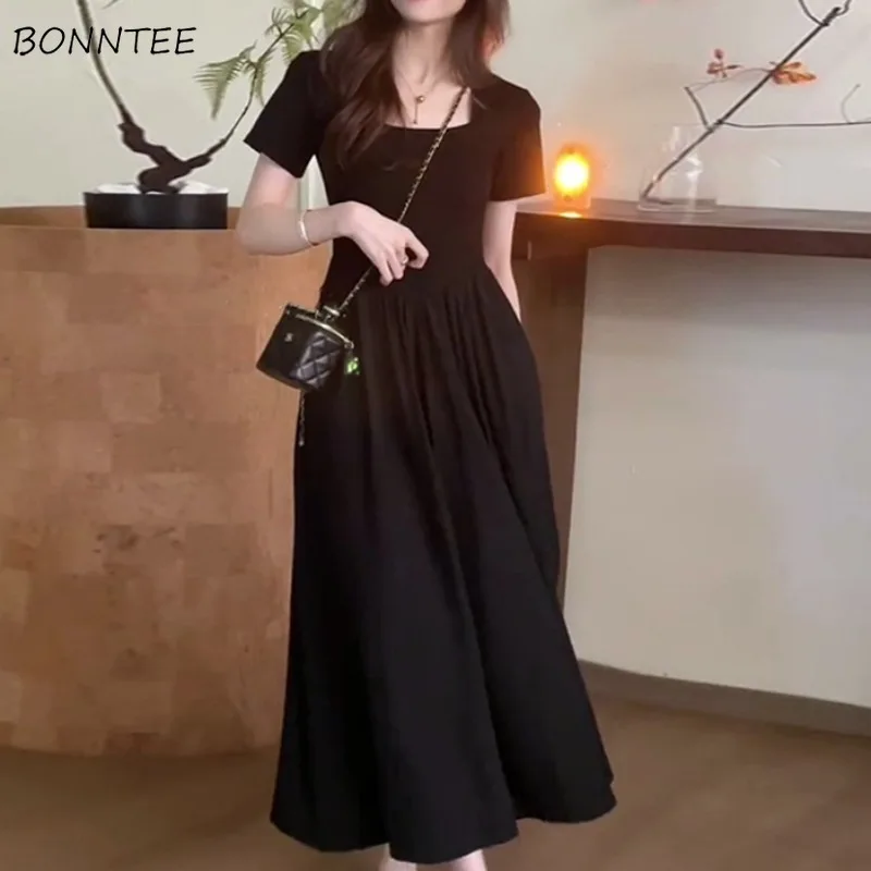 Square Collar Dresses Women Simple Daily Korean Fashion All-match 3XL Defined Waist Summer Short-sleeved Vestidos Trendy Ulzzang