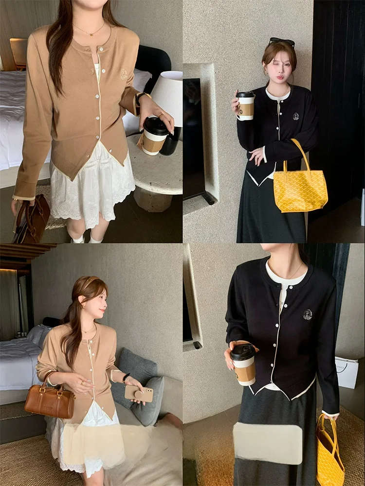 

Уютный повседневный вязаный кардиган больших размеров для полных женщин, создающий ощущение роскоши, с длинными рукавами и круглым вырезом, весенний пуловер.