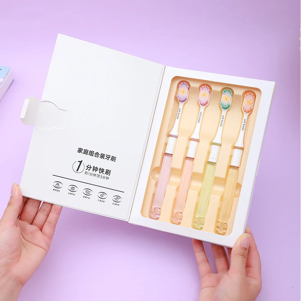 4 Pieces of Soft-bristled Antibacterial Toothbrush for Home Use in a Gift Box for Adults and Couples, High-end Crystal Wide Head