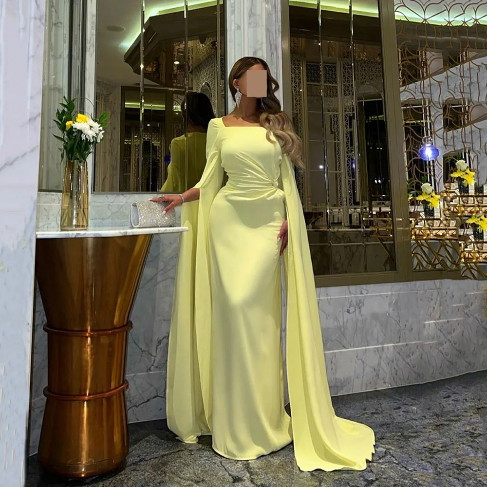 

Msikoods Elegant Yellow Evening Dresses 2025 Party Dress Cape Sleeve Formal Dress Square Neck Floor Length Prom Gown Customized