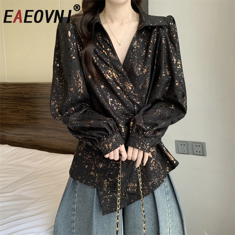 

EAEOVNI Fashion V Neck Women's Blouse Belt Gathered Waist Spliced Print Contrast Color Shirt Casual 2025 New Clothing