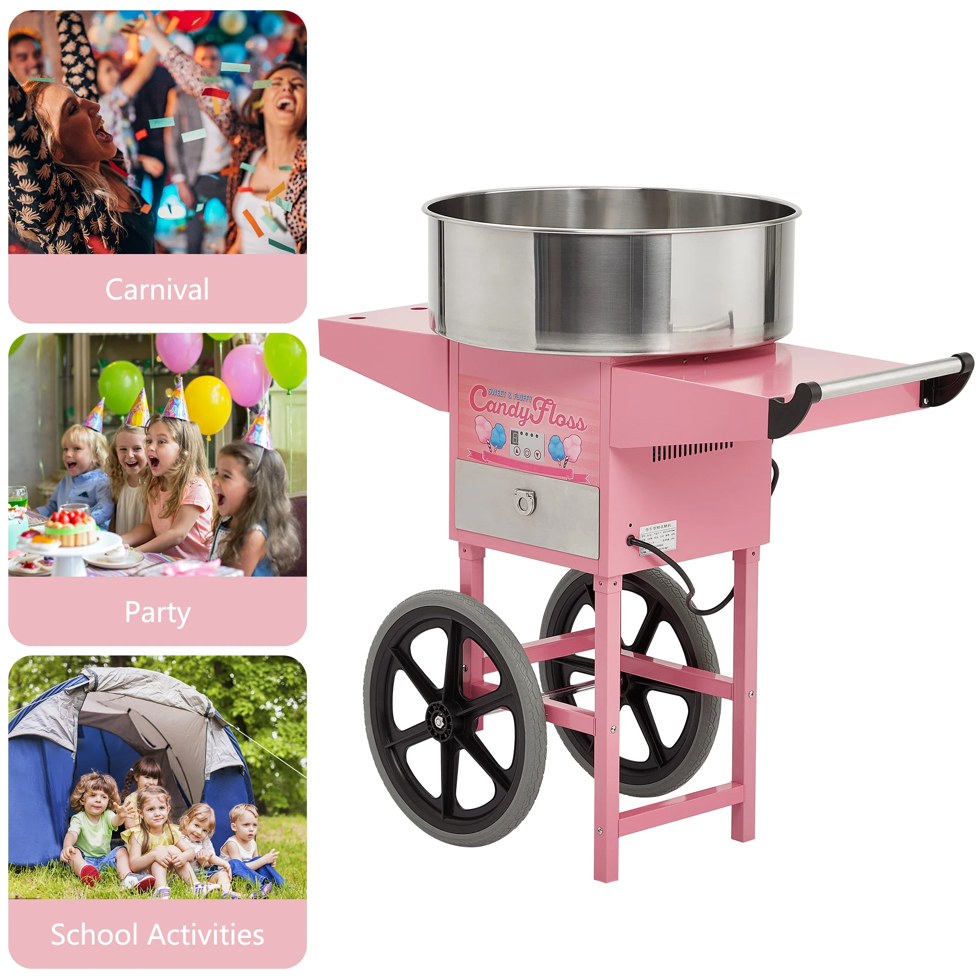 Electric Candy Cotton with Cart Maker Commercial Candy Cotton Machine for Kids with 20 Inch Stainless Steel Bowl Party Home