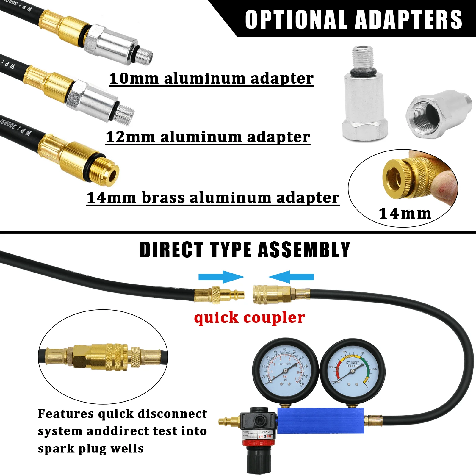 Zylinder-Leckage-Tester-Kit, Kompressionstester für Benzinmotoren, Dual-Manometer, Motorkompressions-Leckdown-Detektor für G