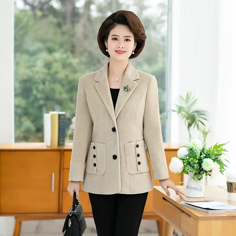 Middle Aged Mother\'s Woolen Coat Spring Fall Casual Suit Collar Wool Jacket Fashion Faux Double-sided Blend Wool Blazer Overcoat