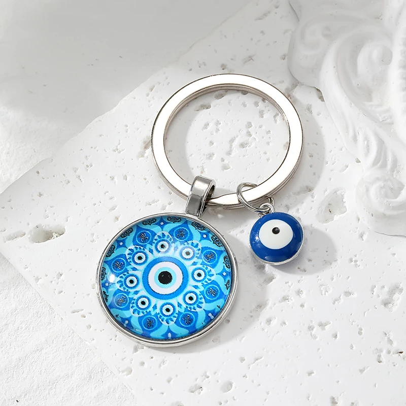 Round Flower Blue Evil Eye Hand Hamsa Keychain For Women Men New Boho Time Gem Turkish Lucky Eye Fatima Hand Bag Box Car Keyring