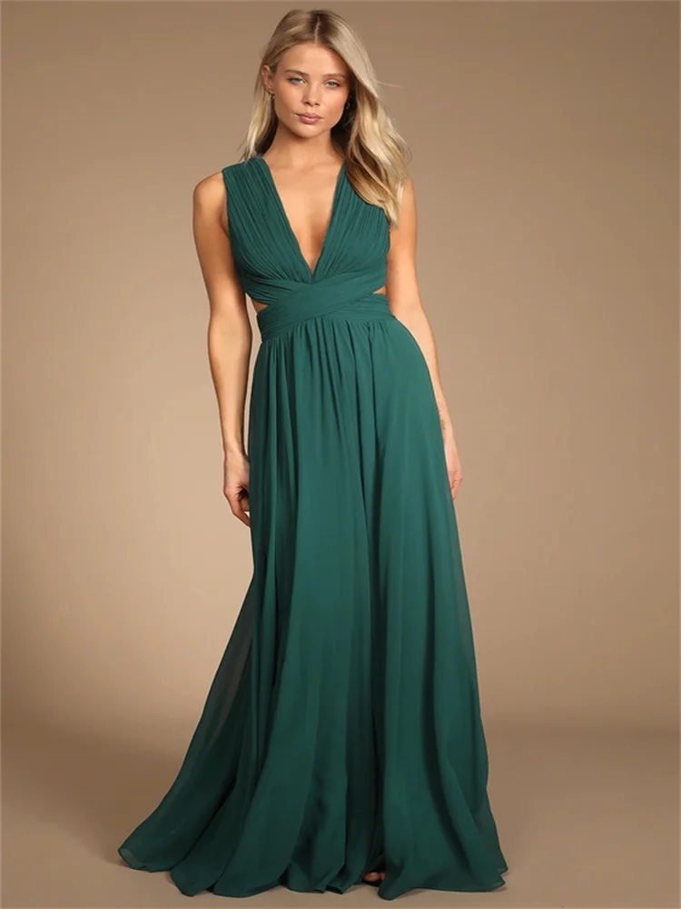 Customized Simple Emerald Green Hollow Maxi Dress, Chiffon Fabric Deep V-neck Cross-waist, sexy Side Hollow A-line Evening Dress