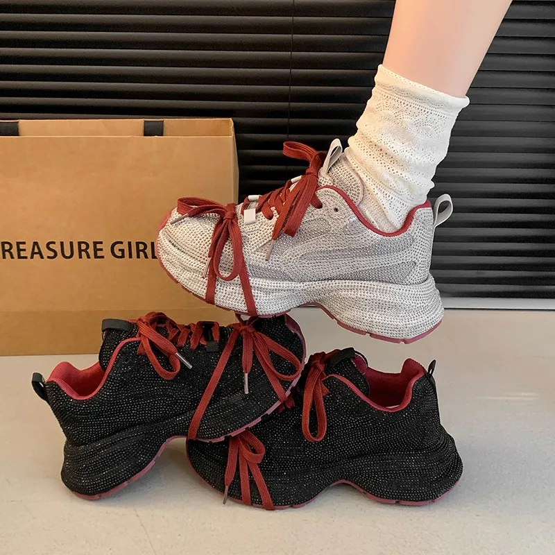 New Fashion Bling Crystal Chunky Ankle Boots for Women Luxury Rhinestones Winter Shoes Woman Thick Bottom Platform  2022 Spring