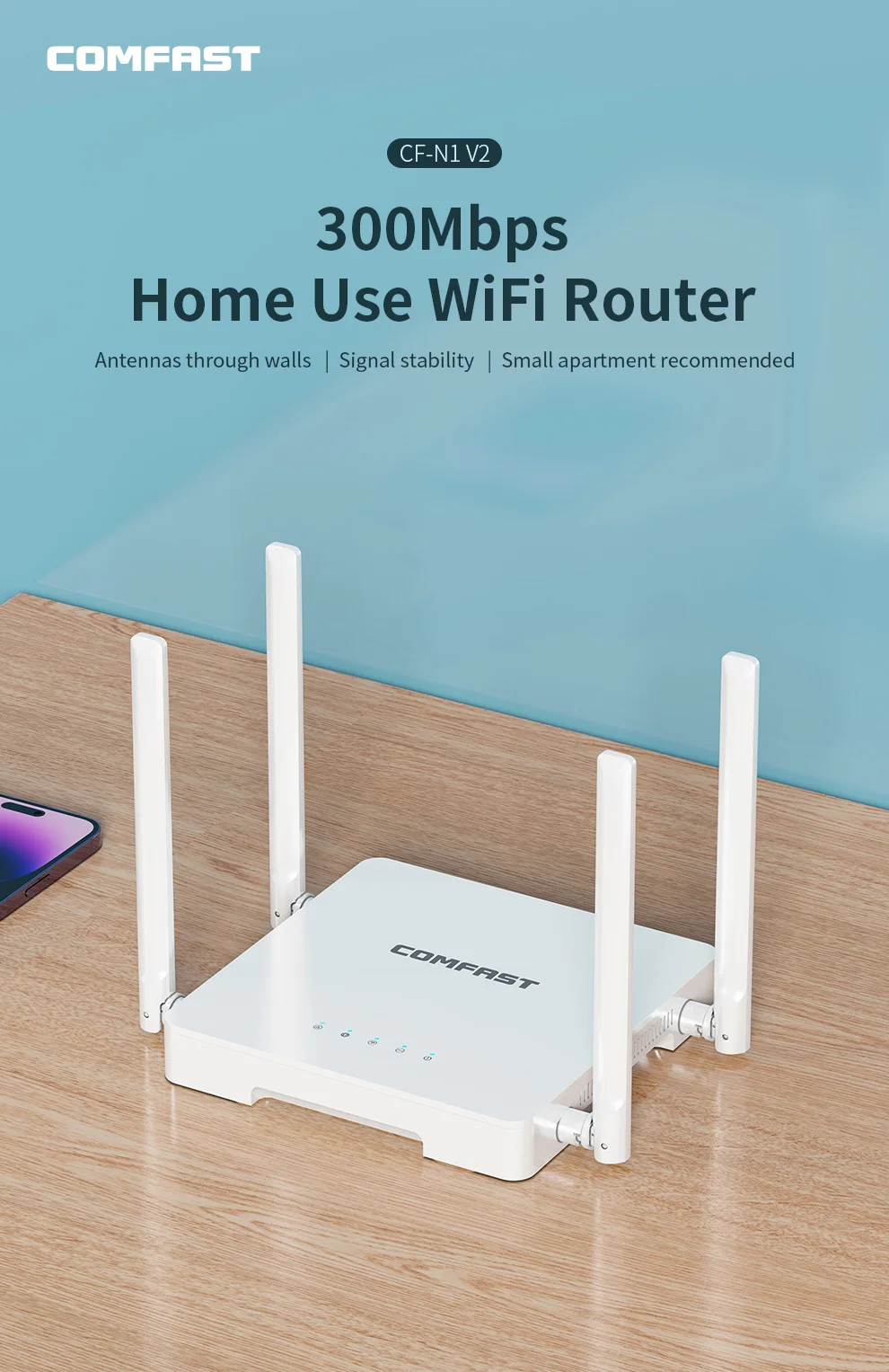 Comfast 300Mbps 2.4G Home Use WiFi Router with 4*5dBi High Gain Antennas Wider Coverage Router for Apartments Dormitory