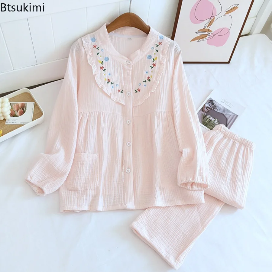 New 2025 Summer Pure Cotton Women's Pyjamas Set Embroidery Print Home Suits Pyjama Long Sleeve Pajamas 2Pcs Sleepwear for Women