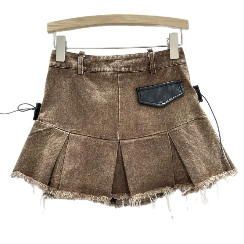 WTHT nuevo diseño de cinturón Vintage para mujer Mini faldas acampanadas con borde de rebaba 2025, Falda plisada de cintura alta a la moda de verano para mujer 1LS1767