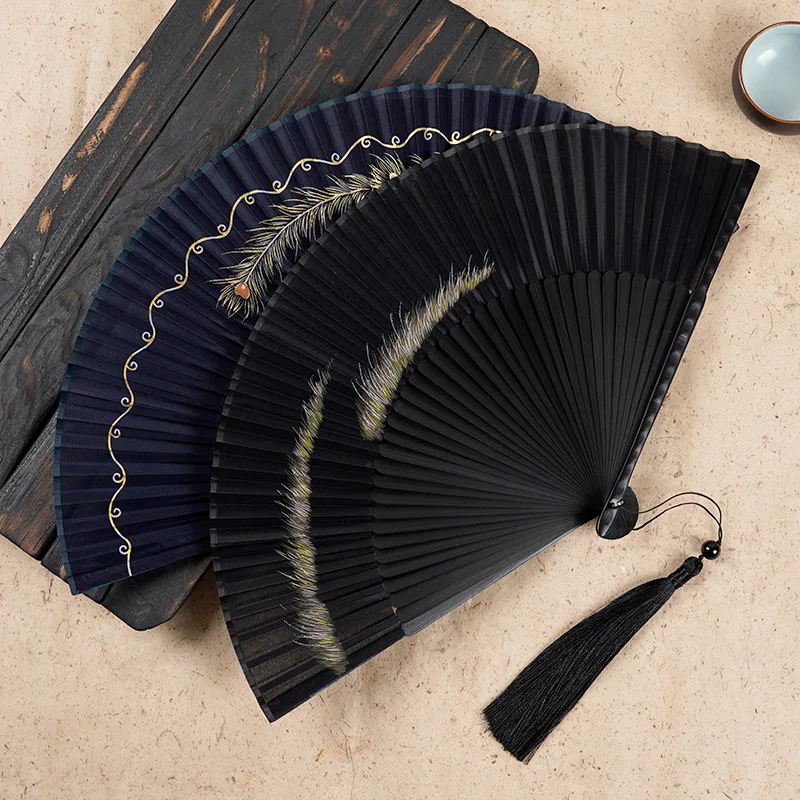 

6-inch fan Ancient style folding fan Golden peacock feather folding fan head green Chinese style Hanfu bamboo handmade fan