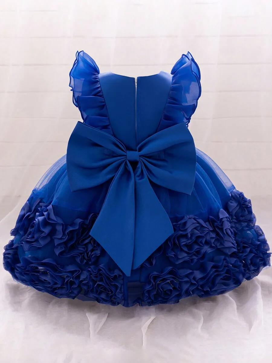 

Royal Blue Satin Sleeveless Ball Gown With Ruffles And Bow For Formal Evening