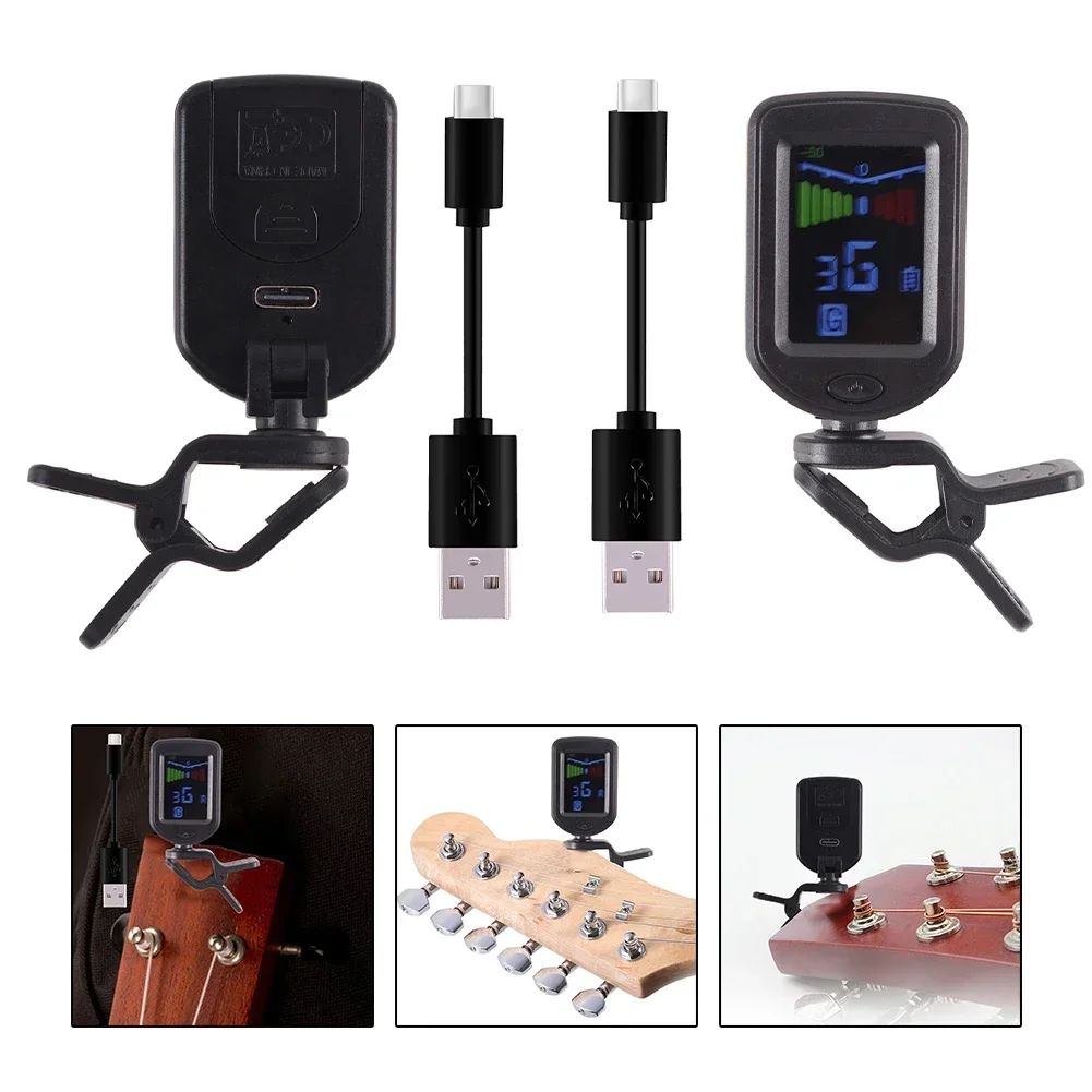 Tuner gitar Digital, nada Clip-On untuk gitar Bass Ukelele biola umum dapat diisi ulang Tuner Built-In bagian layar warna Lcd