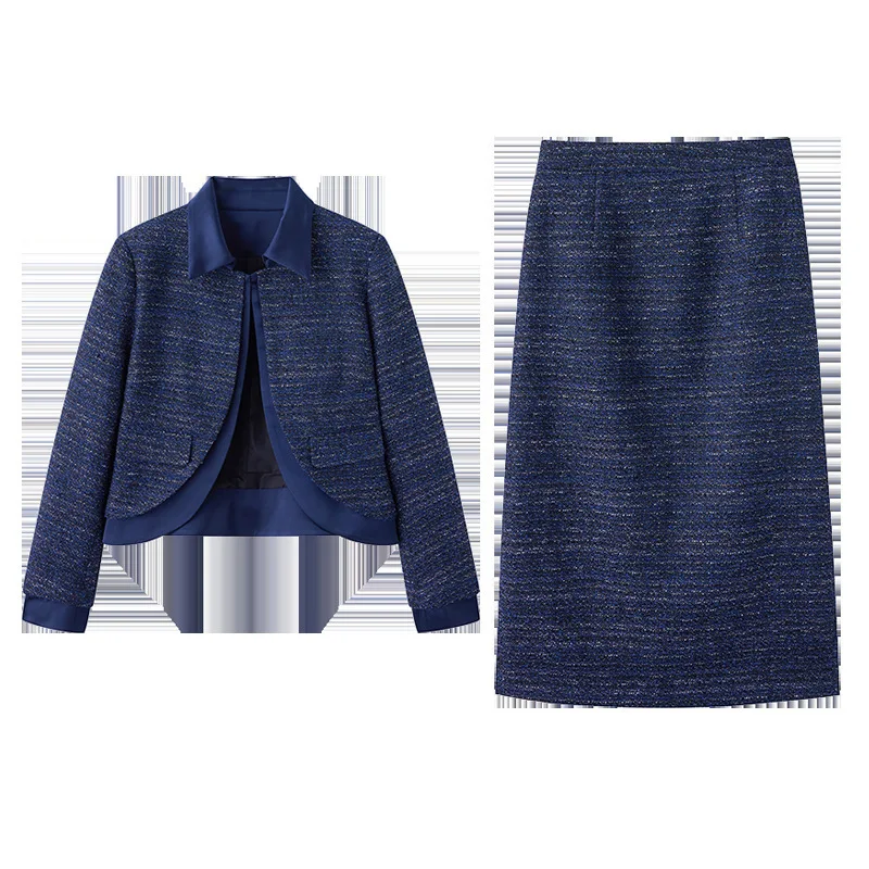 Women's coarse woolen two-piece spliced lapel jacket+skirt 2025 new autumn/winter small fragrance style set