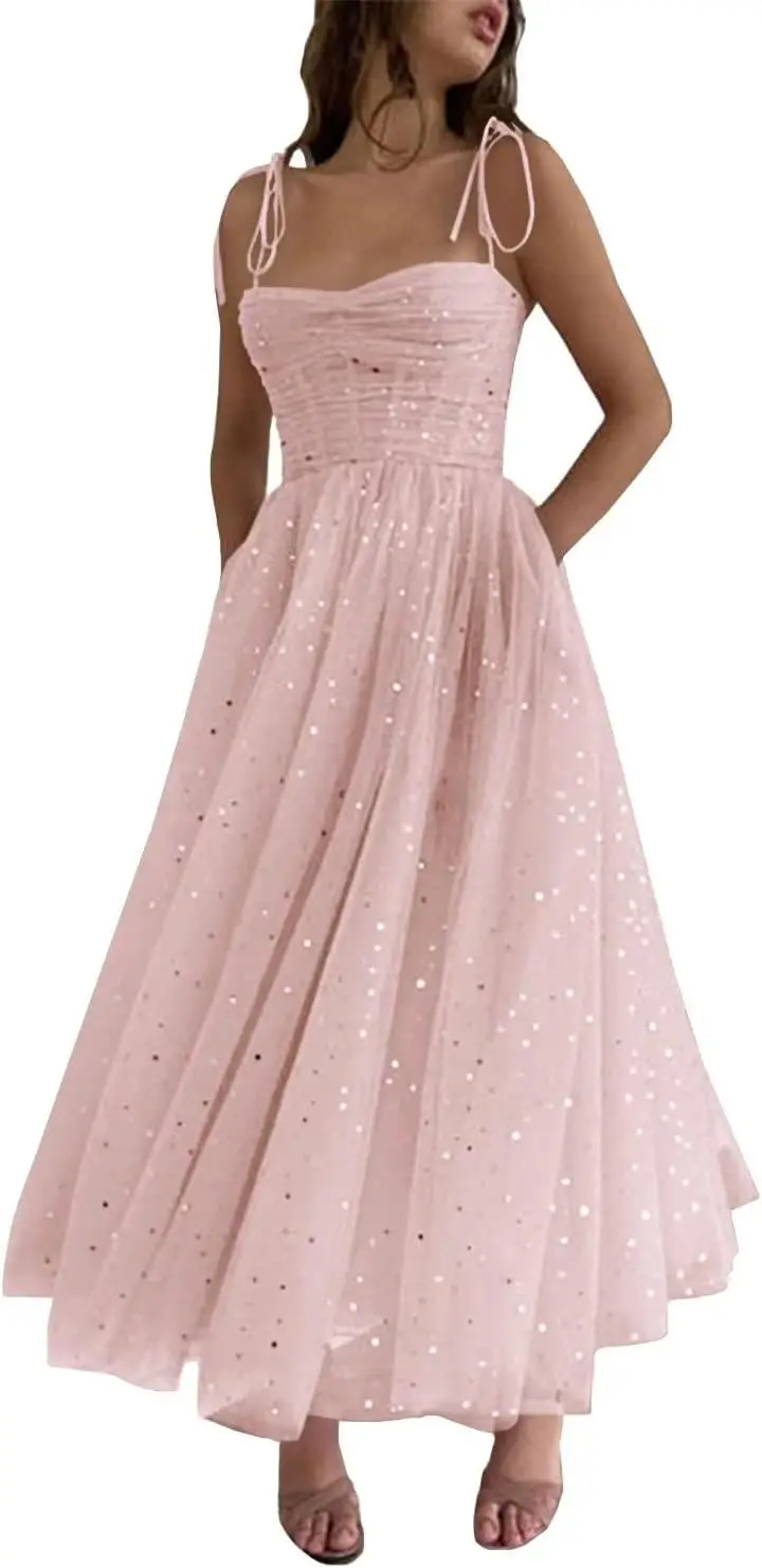 

Женское блестящее тюлевое платье на бретельках со звездами для выпускного вечера, корсет длиной до чая, вечерние платья, вечернее платье, женское элегантное платье