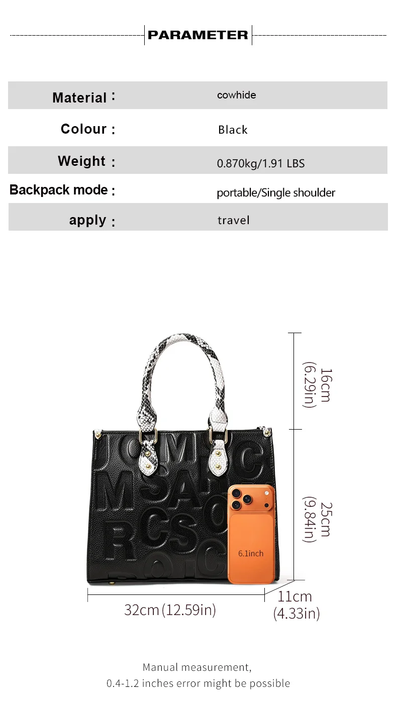 Neue Schlangenmuster-Spliced-Cowhide-Tragetasche für Damen mit Geprägtem Schriftzug, Große Kapazität, Tragbare Umhängetasche – Detail 3