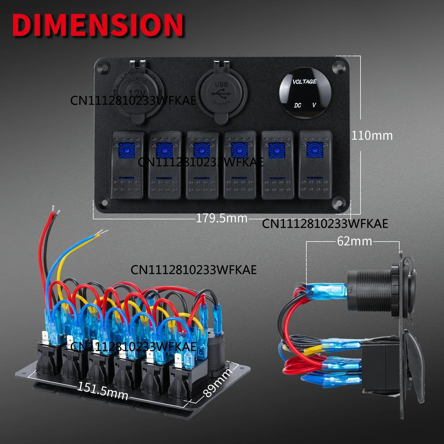 DaierTek RV Waterproof Switch Panel 6Gang 12V Rocker Switch Panel Car with USB Cigarette Lighter Socket Voltmeter For Boat Truck