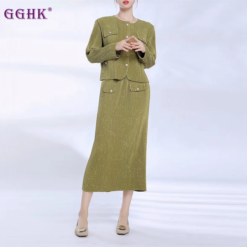 

GGHK Miyake Pleated Women 2 Piece Set Single Breasted Design Vintage Top High Waist Loose Straight Half Skirt Female Set