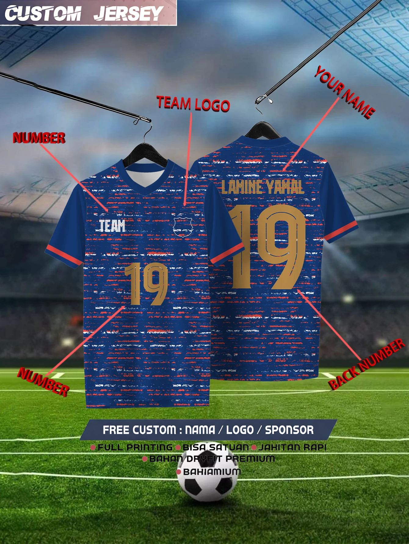 

Customized Geometric Deep Blue Short Sleeved Shirt with Team Name, Emblem, Name and Number, Outdoor Sports Short Sleeved T-shirt