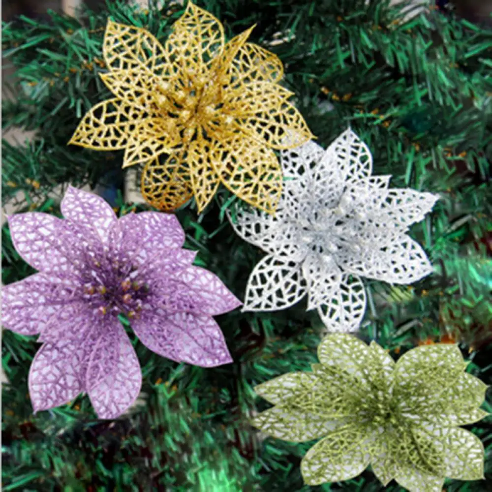 Glitter Fake Flower Sticky Texture Xmas Tree Decoration Christmas Gift 10cm For Home Decoration Wedding Ceremony Christmas Party