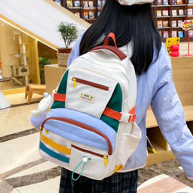 Mochila de nylon impermeável para meninas com bloqueio de cores, mochila escolar jovem de estudante de grande capacidade, mochila de viagem