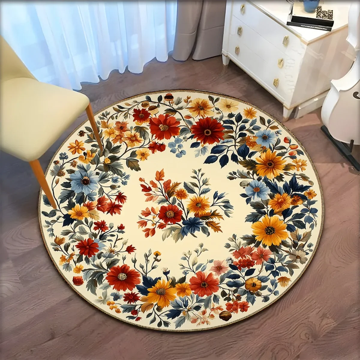 Plants & Flowers Round Carpet – Non-Slip, Water-Absorbent Rug for Living Room & Bedroom, Ins Style Home Decor