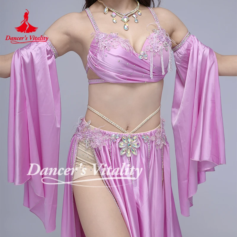 مجموعة أداء الرقص الشرقي كبار AB الحجارة الصدرية + الأكمام + تنورة طويلة 3 قطعة مسابقة الرقص الشرقي الزي حيوية الراقصة #6