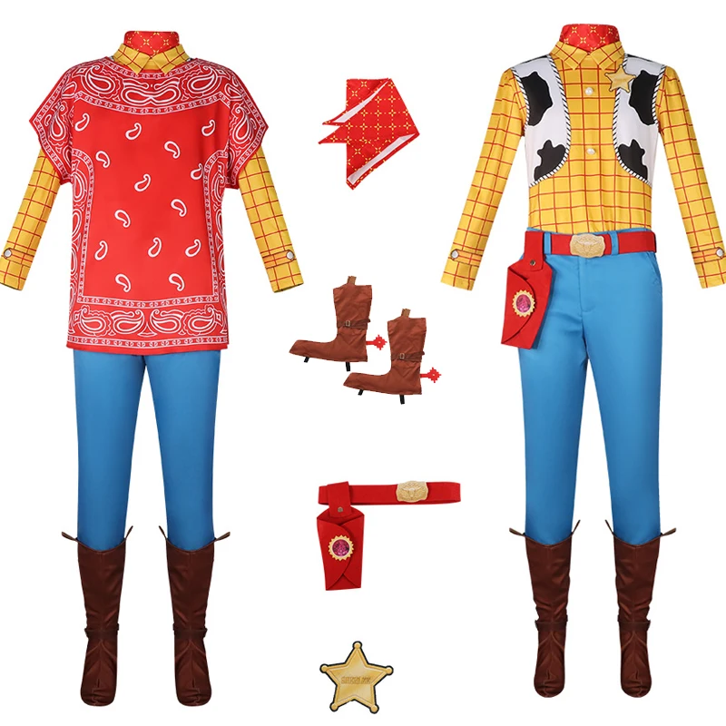 El Sheriff Woody Disfraz de Vaquero con Bandana y Poncho Rojos, Camisa a Cuadros Amarilla, Pantalón Azul y Fundas para Botas Marrones Set Completo para Adultos Halloween