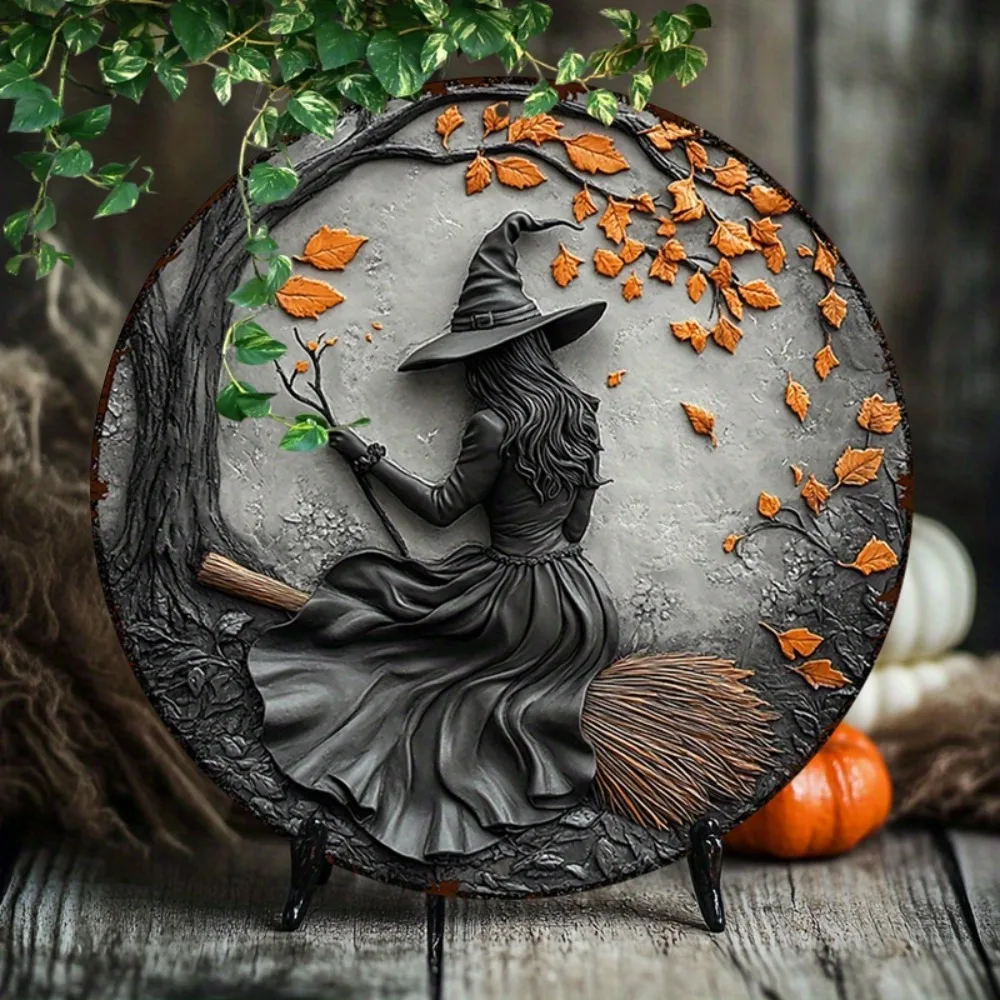 

Fantasy Witch and Broom Aluminum Wall Art, Round Sign, Animal Theme Home & Office Decor, Halloween Home Decor, 7.9"/11.8", 2D