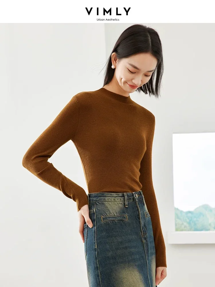 Vimly Women's Wool Blend Sweater Slim Pullovers Long Sleeve Knit Tops 2023 Autumn Winter High Strecth Jumpers Knitwear 16202