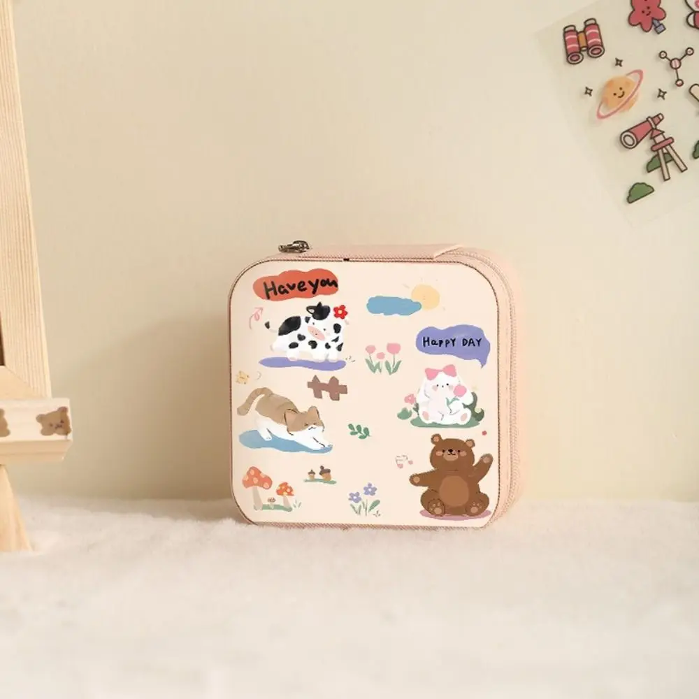 

Портативная кавайная мини-шкатулка для драгоценностей из искусственной кожи на молнии, ожерелье, кольцо, чехол с мультяшным животным принтом, органайзер для сережек, дисплей