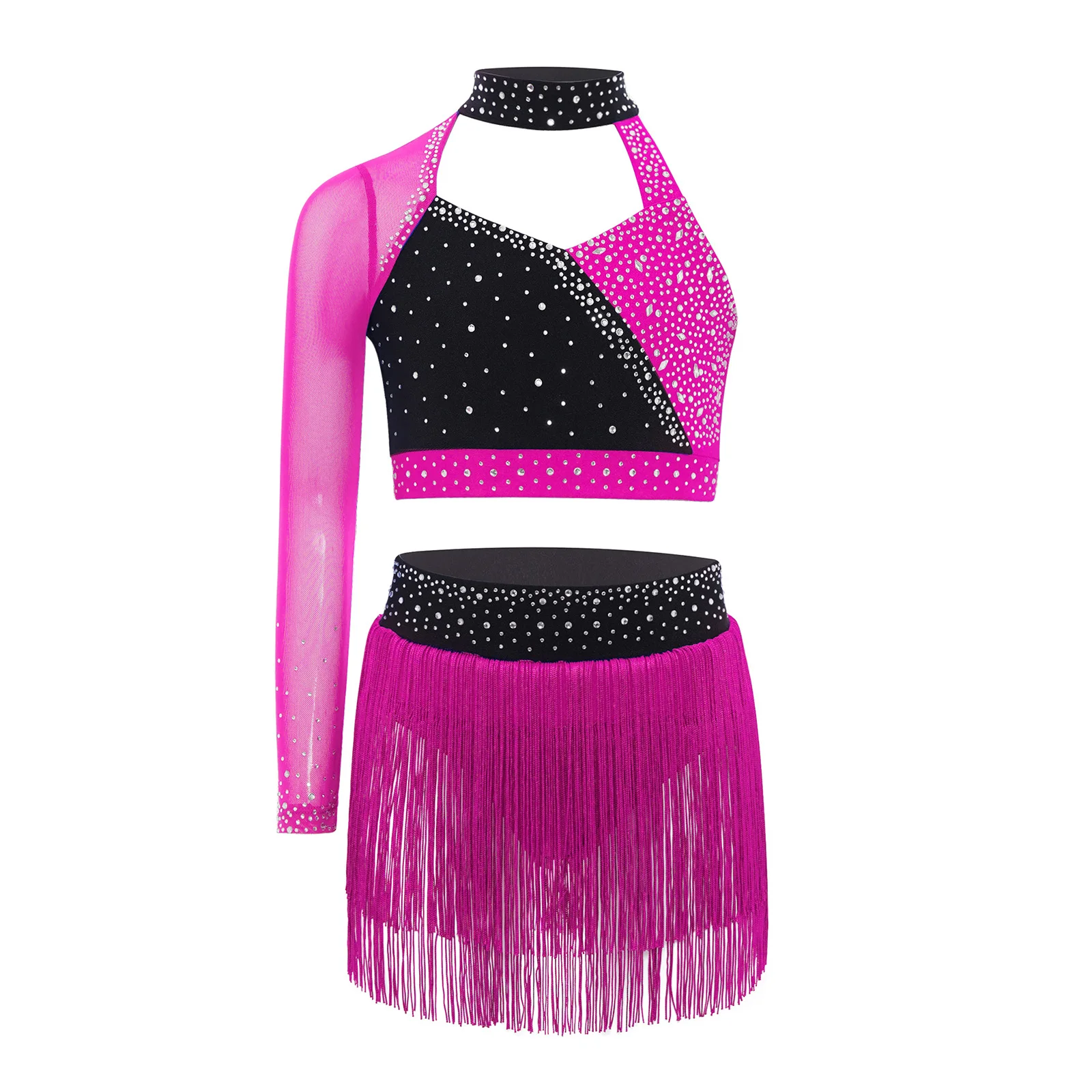 أطفال بنات الباليه اللاتينية الرقص مجموعات راقصة الباليه أداء زي واحد الكتف شير شبكة الراين المحاصيل الأعلى مع توتو تنورة #4