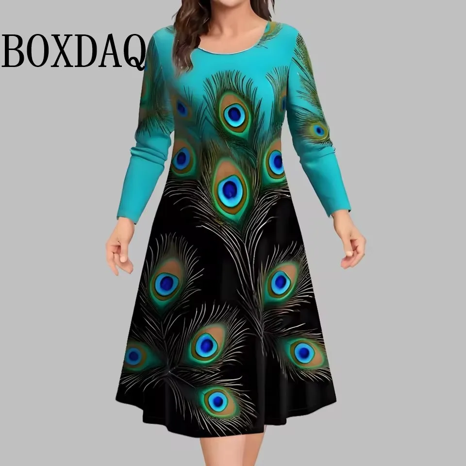 

2025 New Autumn Dresses Women Elegant Fashion Plus Size Dress Casual O-Neck Long Sleeve Animal Feather Print Women Clothing 9XL