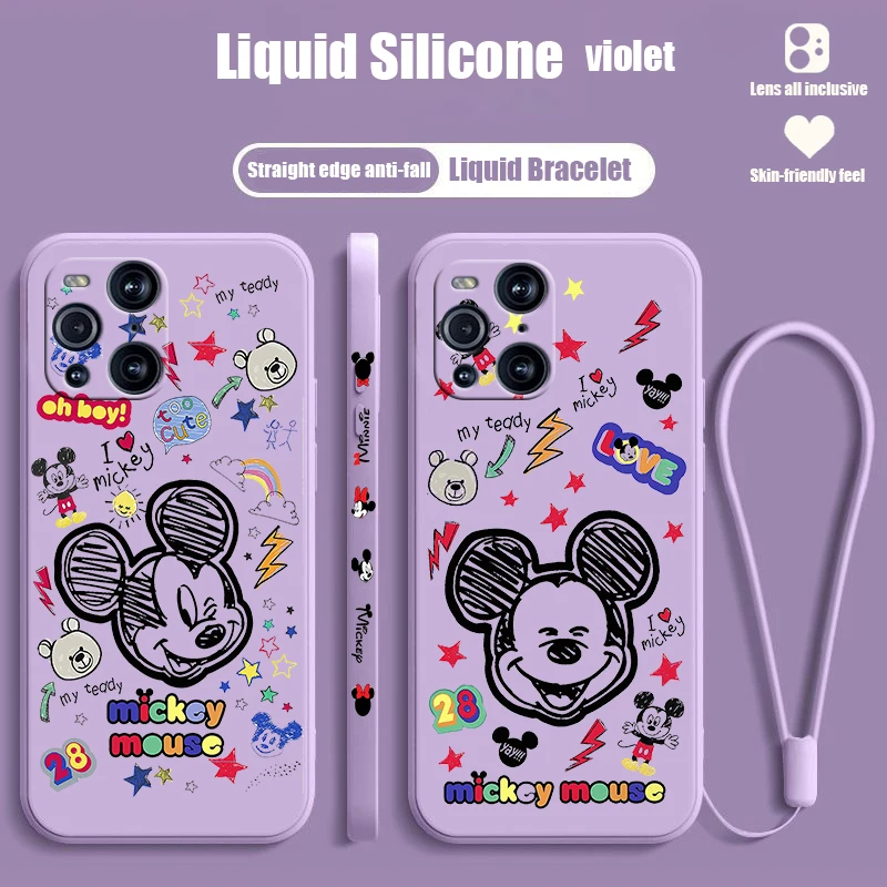 Red Minnie Mickey Cute For OPPO Find X6 X5 X3 X2 Pro Lite Liquid Left Rope Silicone Cover Phone Case