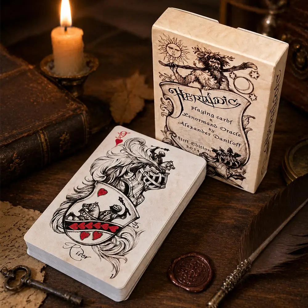 Cartes de jeu héraldiques 9*6cm - 38 cartes Oracle Lenormand dessinées à la main pour la divination et les collectionneurs - Carton doublement gaufré