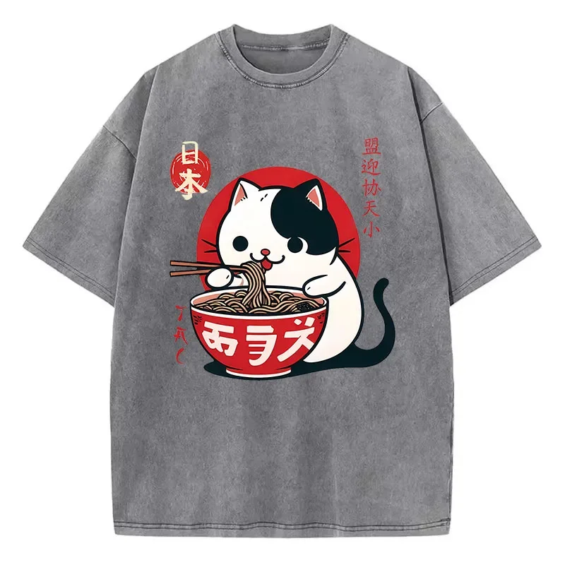 Harajuku Washed T Shirt 100% Cotton T-Shirt Japanese Cat Eat Ramen funny Graphic Tee Casual Streetwear Spring