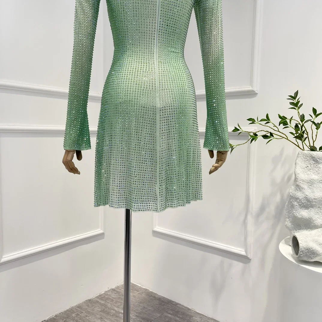 New Arrivals High Quality Spring Summer 2023 Sexy Luxury Light Green Cut Out Waist Long Sleeve  Lace-up Woman Mini Dress