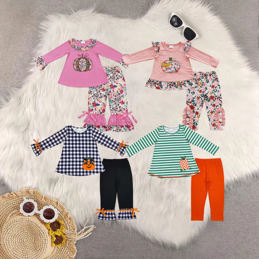 

Wholesale Infant Long Sleeves Floral Pumpkin Pink Set Baby Girls Ruffle Flower Pants