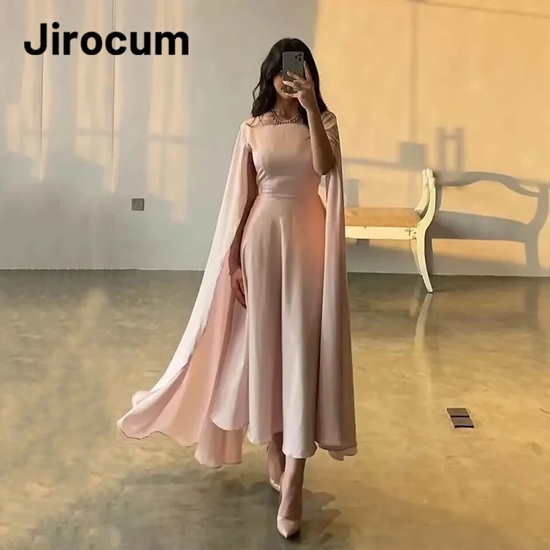 Jirocum rosa quadrado pescoço vestido de noite feminino chiffon capa vestidos de festa de baile arábia vestidos de ocasião formal personalizado 2025 novo