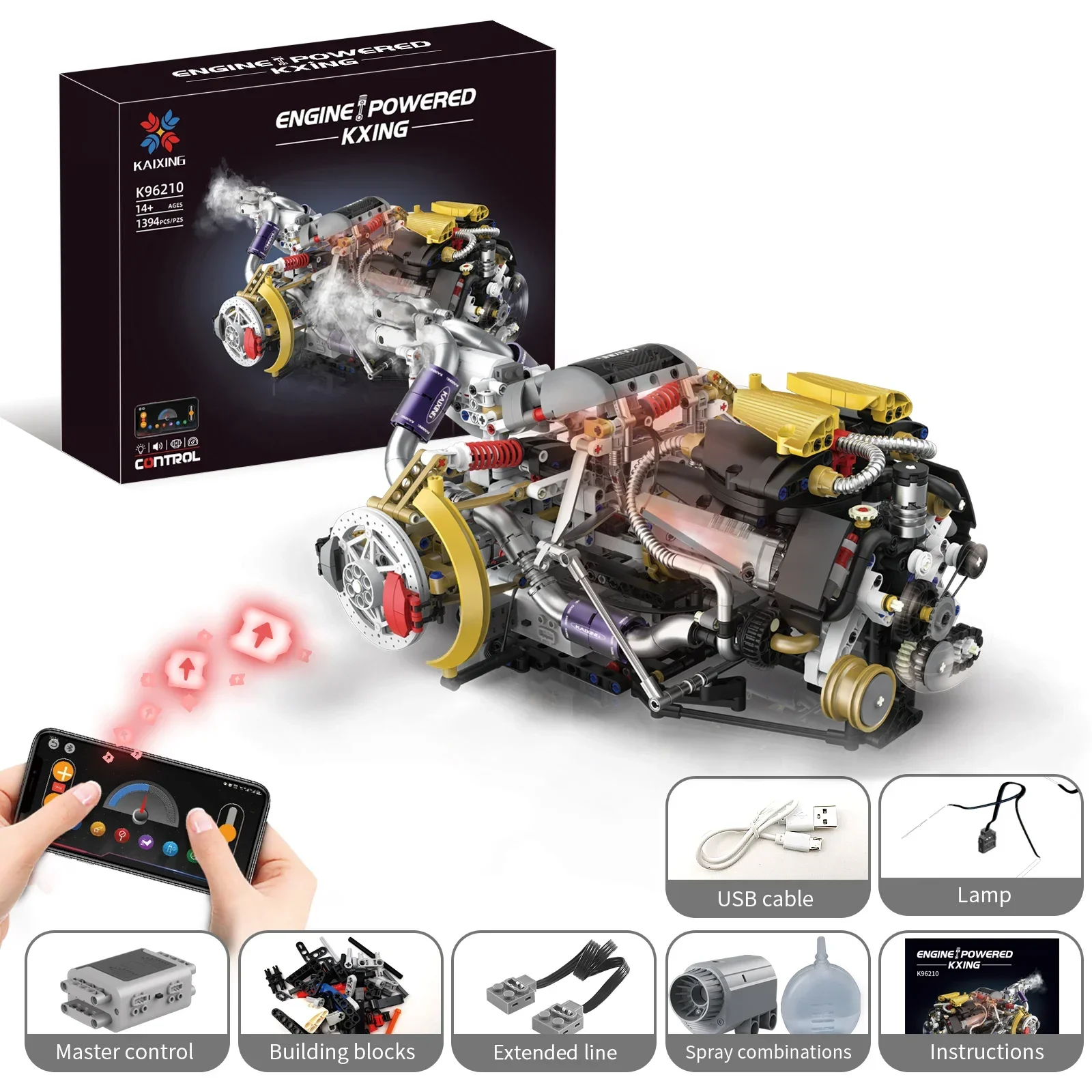 

K96210 1394pcs MOC Hypercar Style V8 Engine Building Kit with LED & APP Control Programmable Stem Educational Toys For Kids Gift