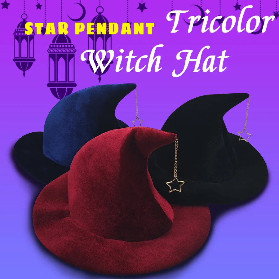 Halloween Witch Hat with Star mon Pattern Masquerade Wizard Hat Cosplay Costume Halloween Party Funny Dress up Props