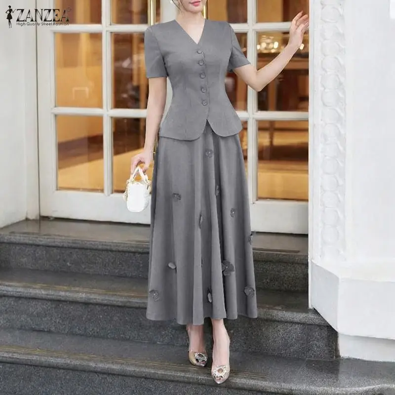 Ensemble de 2 pièces élégant pour le bureau 2026 ZANZEA Tenues d'été pour femmes Ensembles de robes de travail OL Chemise à manches courtes Jupe trapèze à fleurs 3D Costume