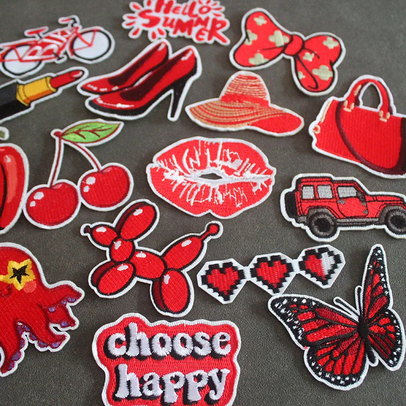 Cartoon Red Cloth Patches Lip Print Lipstick Iron On DIY Girl Badges Embroidery Applique Jackets Stickers 16 Pcs/Lot