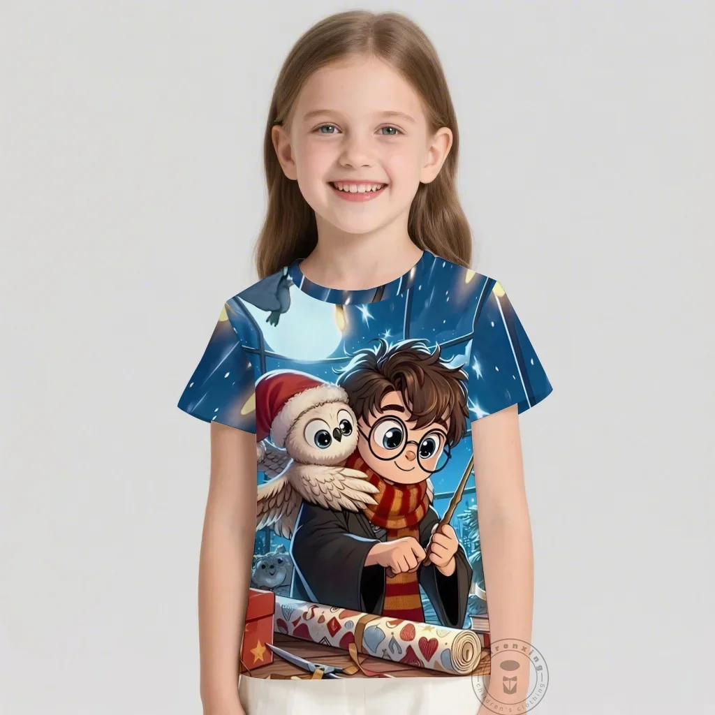 Camisetas de Harry Potter con estampado 3D de animales, ropa informal de moda de gran tamaño con cuello redondo, camisetas para niños y niñas, ropa para niños