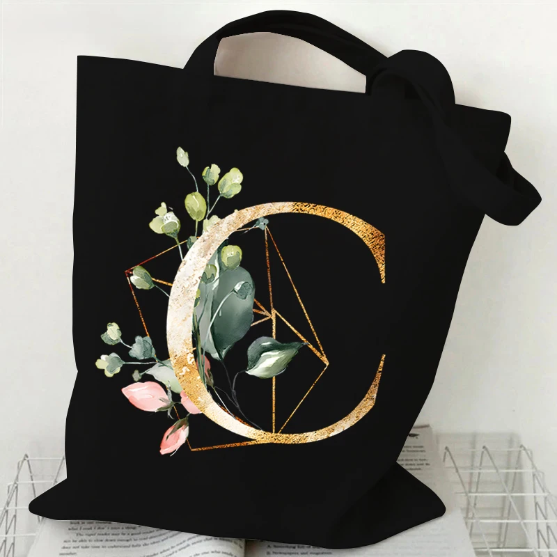 Golden Plant Print Canvas Bag Women\'s Shoulder Bag Fashion Floral Letter Shopping Shopper Ladies Hand Bags Alphabet Tote Bag